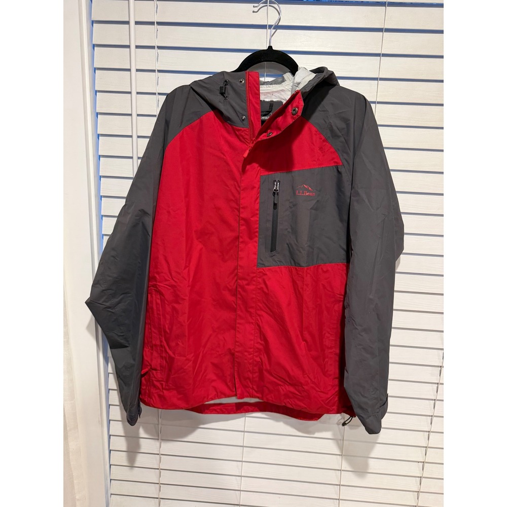 LL Bean Mens Trail Model Rain Jacket Red Gray Waterproof Hooded Shell 500881 L